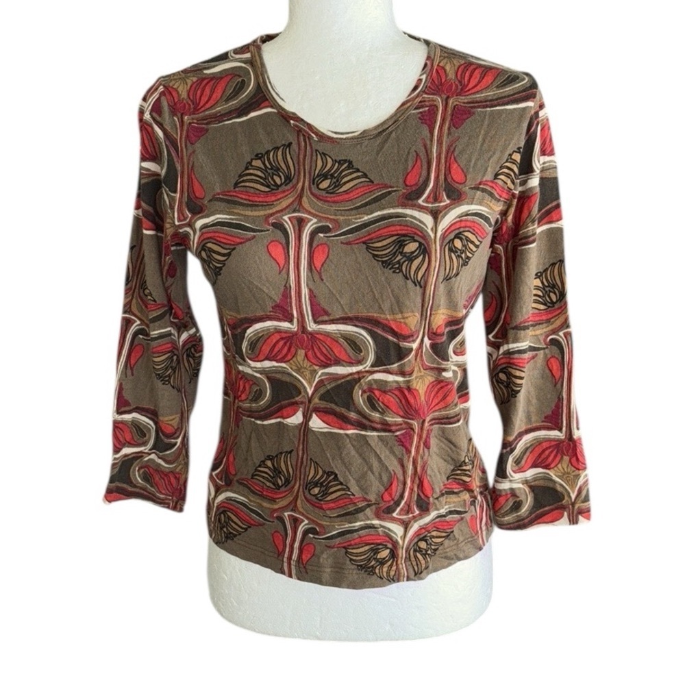 Lynn Ritchie Silk Tan Pink Geometric Print 3/4 Sleeve Cropped Tee - S